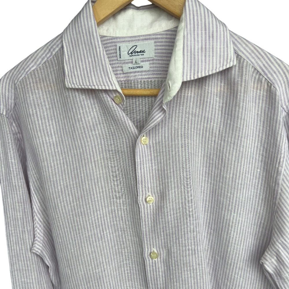 Beautiful Men's white and lavender stripe linen shirt - Made in Spain